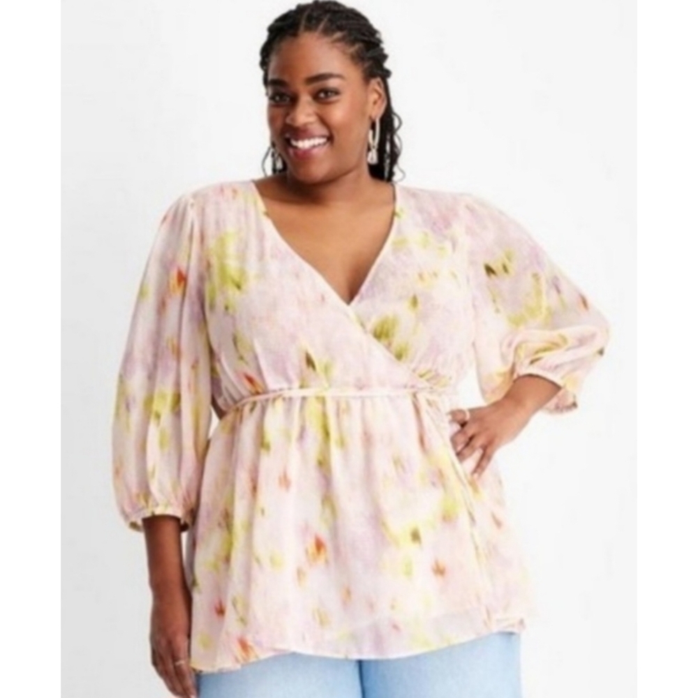 Future Collective Pink Floral 3/4 Sleeve V-Neck Wrap Blouse